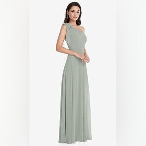 After Six by Dessy Draped 1-Shoulder Maxi Dress w/Scarf Bow, Willow Green Size 2